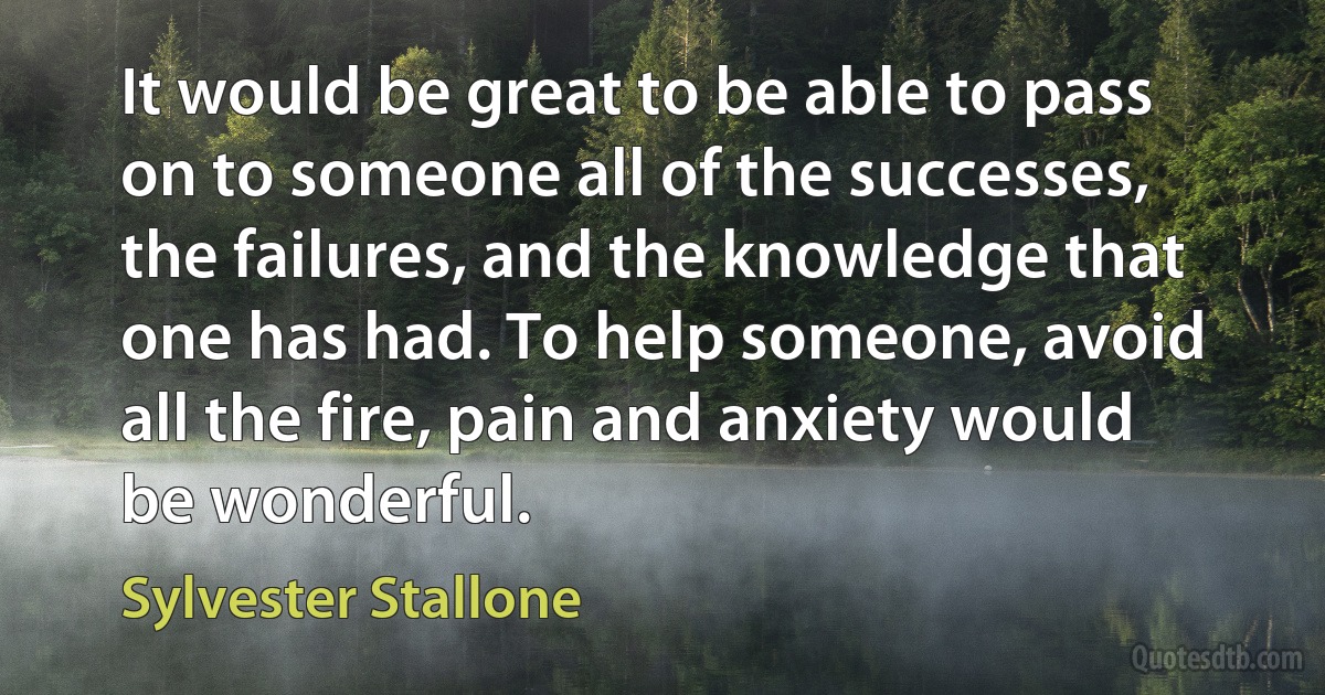 It would be great to be able to pass on to someone all of the successes, the failures, and the knowledge that one has had. To help someone, avoid all the fire, pain and anxiety would be wonderful. (Sylvester Stallone)