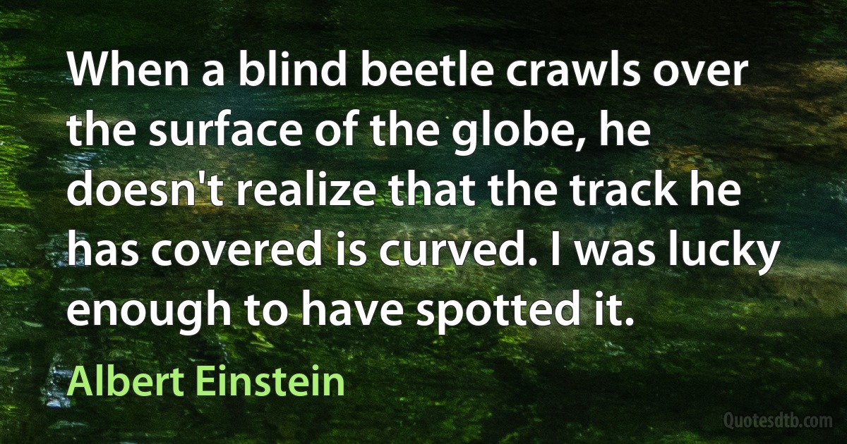 When a blind beetle crawls over the surface of the globe, he doesn't realize that the track he has covered is curved. I was lucky enough to have spotted it. (Albert Einstein)