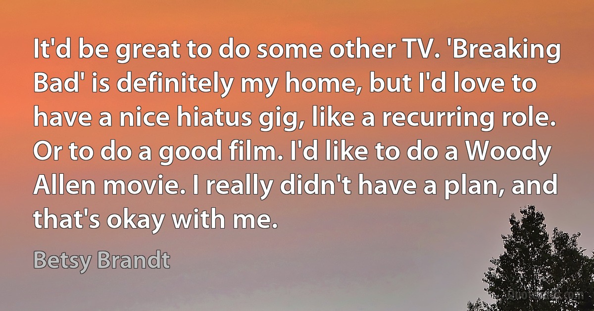 It'd be great to do some other TV. 'Breaking Bad' is definitely my home, but I'd love to have a nice hiatus gig, like a recurring role. Or to do a good film. I'd like to do a Woody Allen movie. I really didn't have a plan, and that's okay with me. (Betsy Brandt)