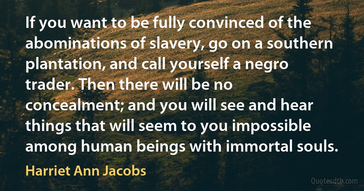 If you want to be fully convinced of the abominations of slavery, go on a southern plantation, and call yourself a negro trader. Then there will be no concealment; and you will see and hear things that will seem to you impossible among human beings with immortal souls. (Harriet Ann Jacobs)