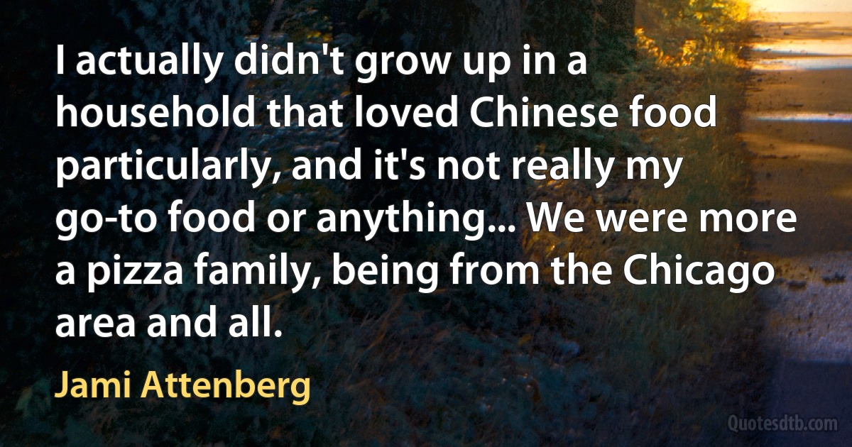 I actually didn't grow up in a household that loved Chinese food particularly, and it's not really my go-to food or anything... We were more a pizza family, being from the Chicago area and all. (Jami Attenberg)