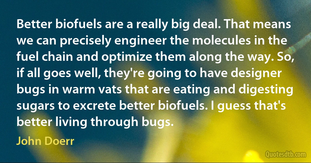 Better biofuels are a really big deal. That means we can precisely engineer the molecules in the fuel chain and optimize them along the way. So, if all goes well, they're going to have designer bugs in warm vats that are eating and digesting sugars to excrete better biofuels. I guess that's better living through bugs. (John Doerr)