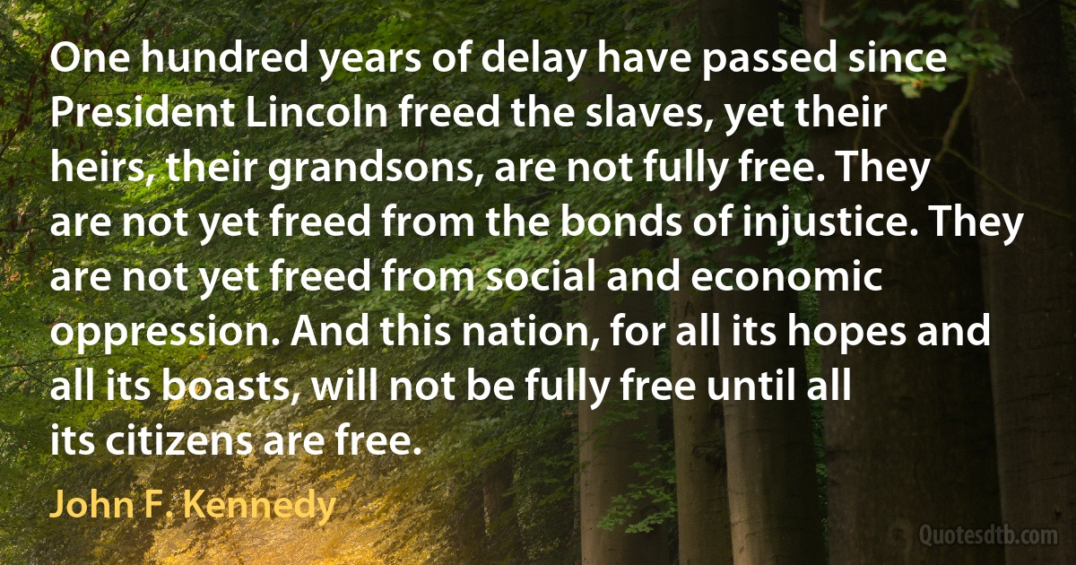 One hundred years of delay have passed since President Lincoln freed the slaves, yet their heirs, their grandsons, are not fully free. They are not yet freed from the bonds of injustice. They are not yet freed from social and economic oppression. And this nation, for all its hopes and all its boasts, will not be fully free until all its citizens are free. (John F. Kennedy)