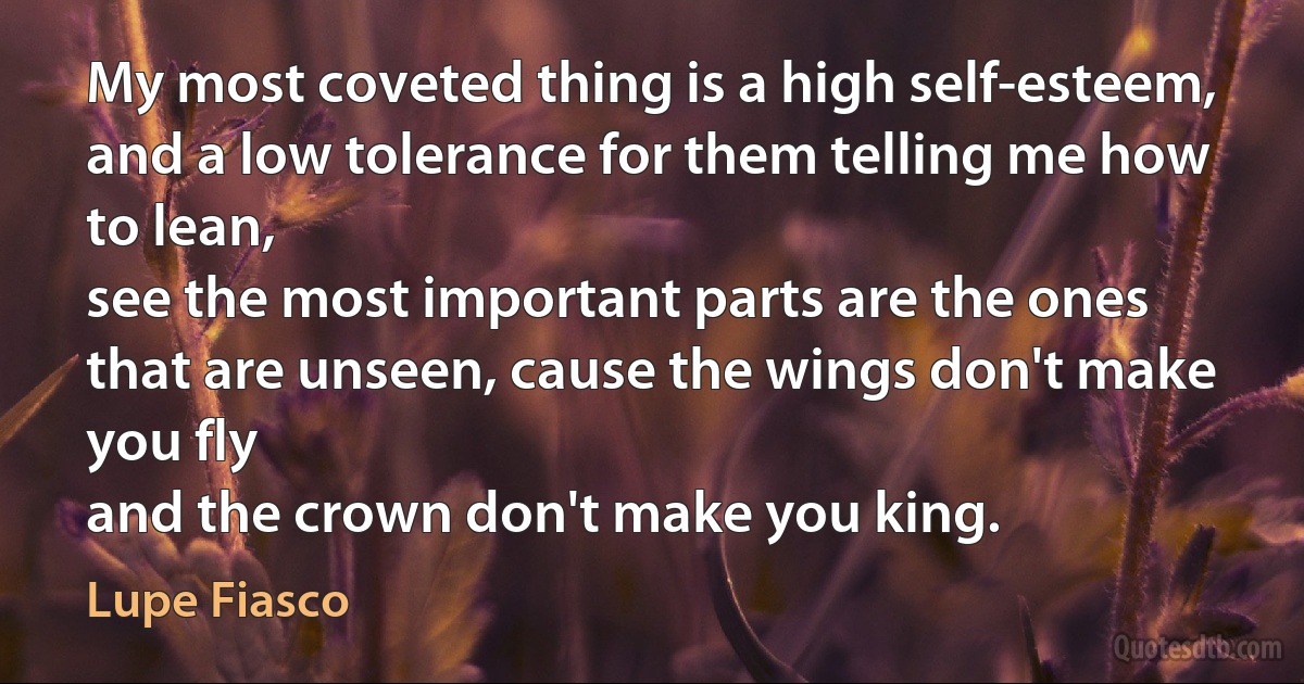 My most coveted thing is a high self-esteem, and a low tolerance for them telling me how to lean,
see the most important parts are the ones that are unseen, cause the wings don't make you fly
and the crown don't make you king. (Lupe Fiasco)