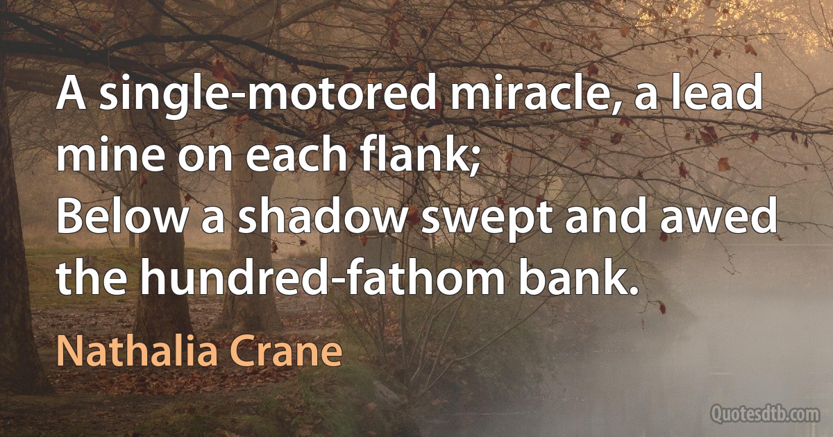 A single-motored miracle, a lead mine on each flank;
Below a shadow swept and awed the hundred-fathom bank. (Nathalia Crane)