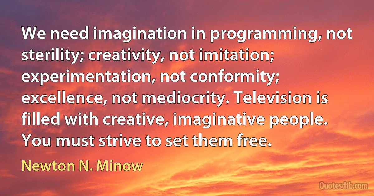 We need imagination in programming, not sterility; creativity, not imitation; experimentation, not conformity; excellence, not mediocrity. Television is filled with creative, imaginative people. You must strive to set them free. (Newton N. Minow)