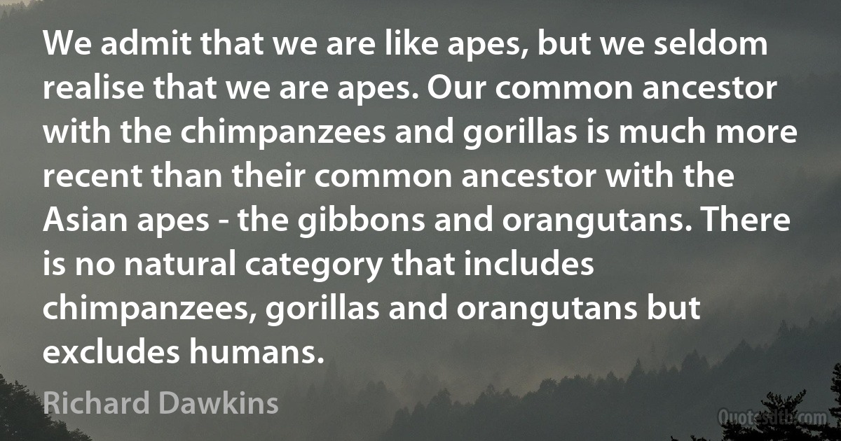 We admit that we are like apes, but we seldom realise that we are apes. Our common ancestor with the chimpanzees and gorillas is much more recent than their common ancestor with the Asian apes - the gibbons and orangutans. There is no natural category that includes chimpanzees, gorillas and orangutans but excludes humans. (Richard Dawkins)