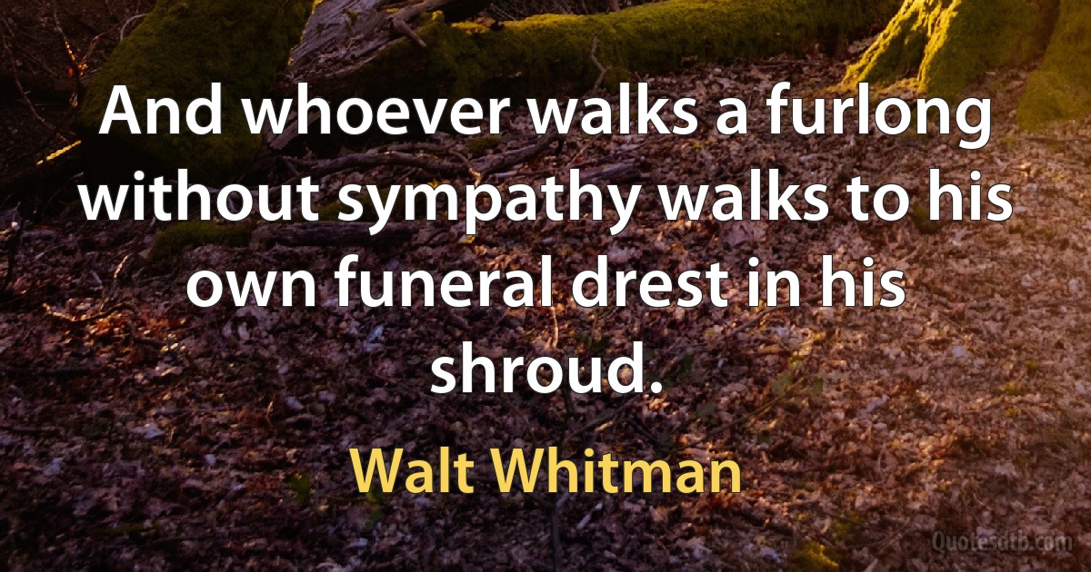 And whoever walks a furlong without sympathy walks to his own funeral drest in his shroud. (Walt Whitman)