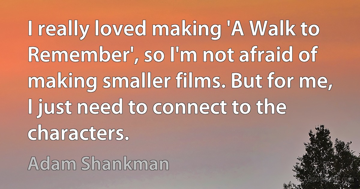 I really loved making 'A Walk to Remember', so I'm not afraid of making smaller films. But for me, I just need to connect to the characters. (Adam Shankman)