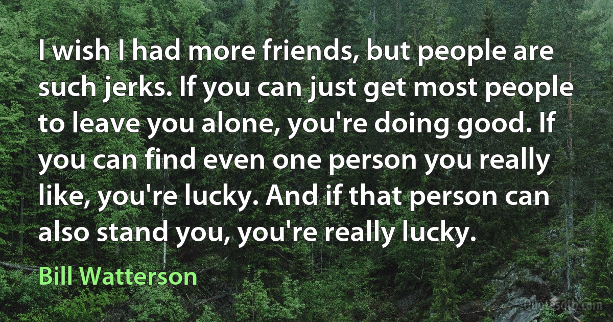 I wish I had more friends, but people are such jerks. If you can just get most people to leave you alone, you're doing good. If you can find even one person you really like, you're lucky. And if that person can also stand you, you're really lucky. (Bill Watterson)