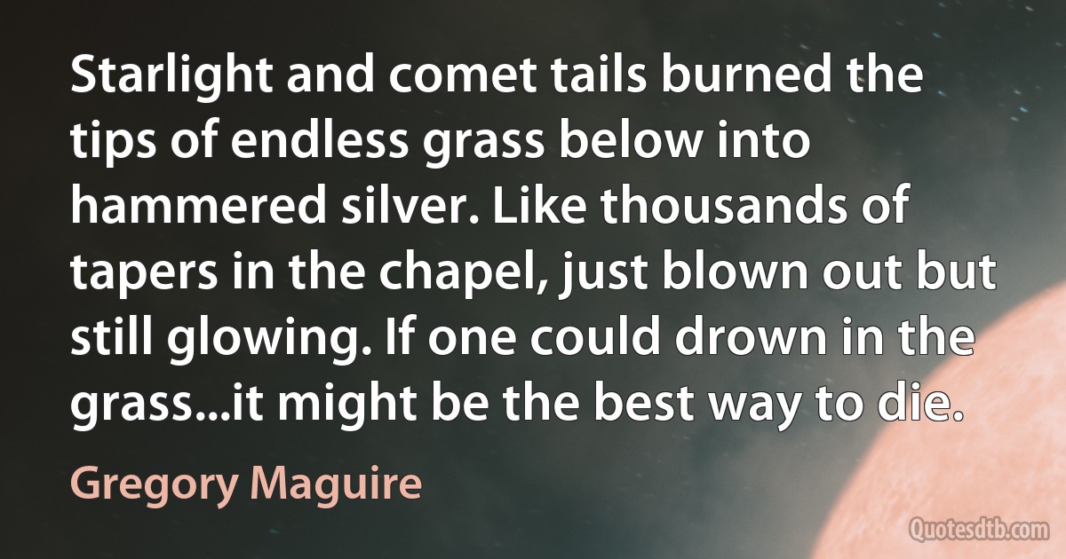 Starlight and comet tails burned the tips of endless grass below into hammered silver. Like thousands of tapers in the chapel, just blown out but still glowing. If one could drown in the grass...it might be the best way to die. (Gregory Maguire)