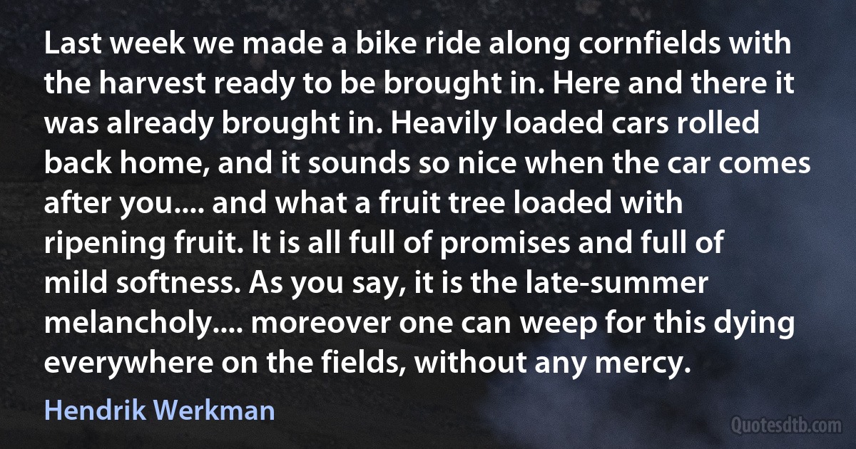 Last week we made a bike ride along cornfields with the harvest ready to be brought in. Here and there it was already brought in. Heavily loaded cars rolled back home, and it sounds so nice when the car comes after you.... and what a fruit tree loaded with ripening fruit. It is all full of promises and full of mild softness. As you say, it is the late-summer melancholy.... moreover one can weep for this dying everywhere on the fields, without any mercy. (Hendrik Werkman)