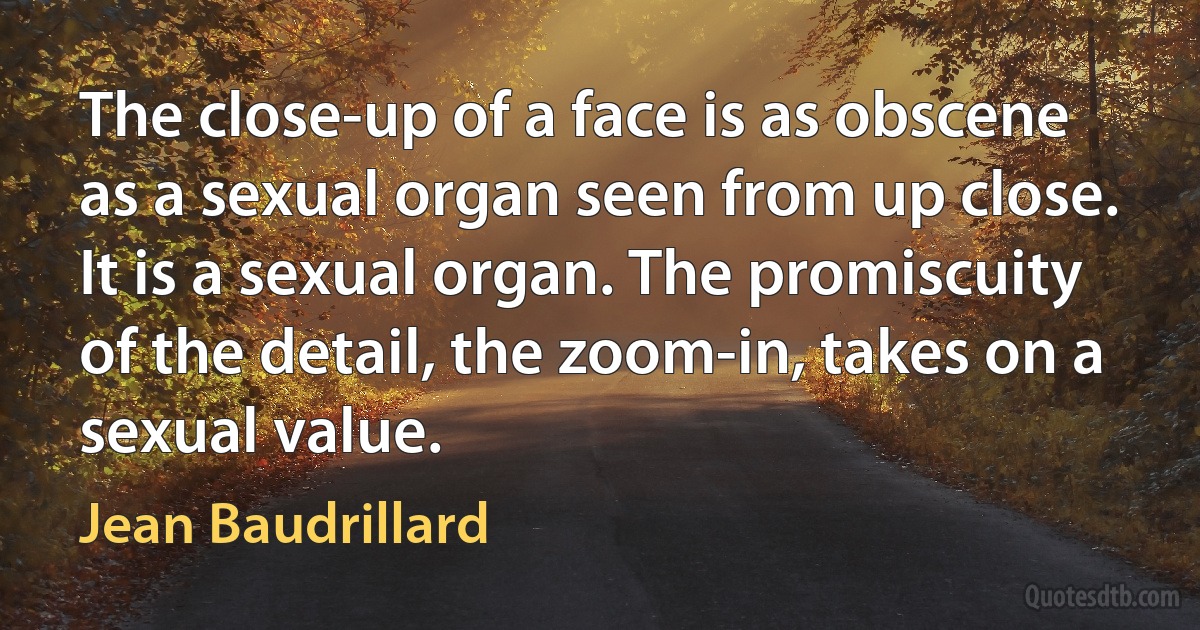 The close-up of a face is as obscene as a sexual organ seen from up close. It is a sexual organ. The promiscuity of the detail, the zoom-in, takes on a sexual value. (Jean Baudrillard)