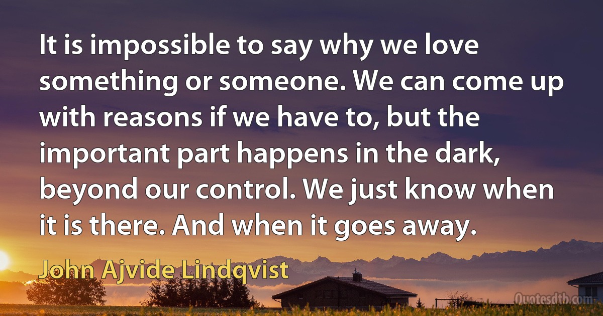 It is impossible to say why we love something or someone. We can come up with reasons if we have to, but the important part happens in the dark, beyond our control. We just know when it is there. And when it goes away. (John Ajvide Lindqvist)