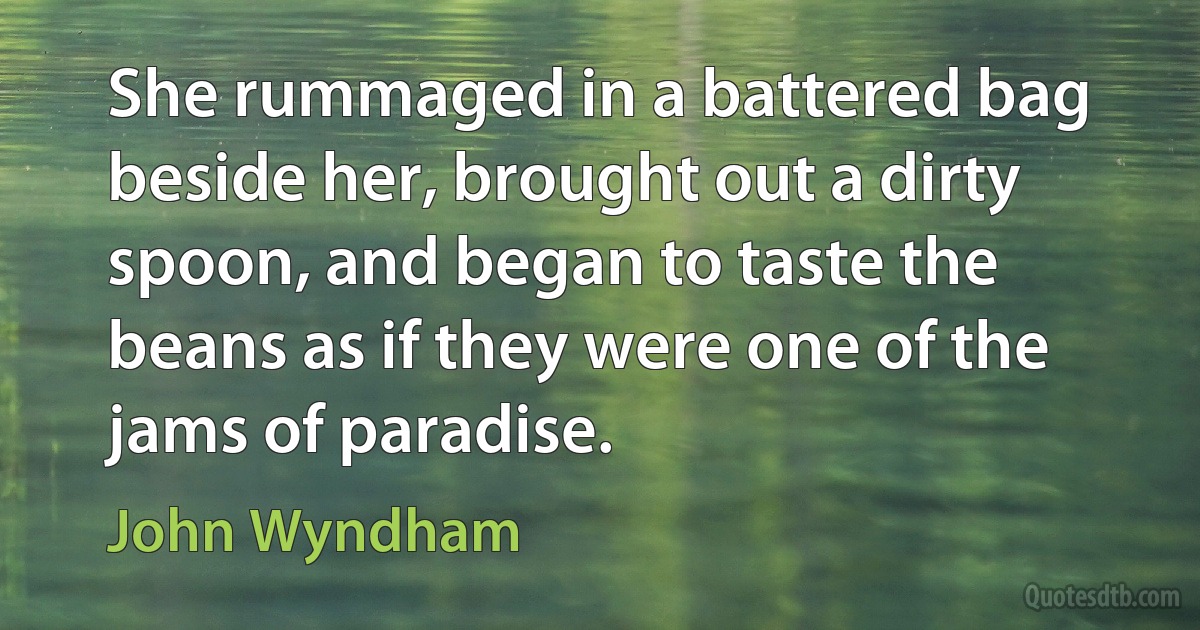 She rummaged in a battered bag beside her, brought out a dirty spoon, and began to taste the beans as if they were one of the jams of paradise. (John Wyndham)