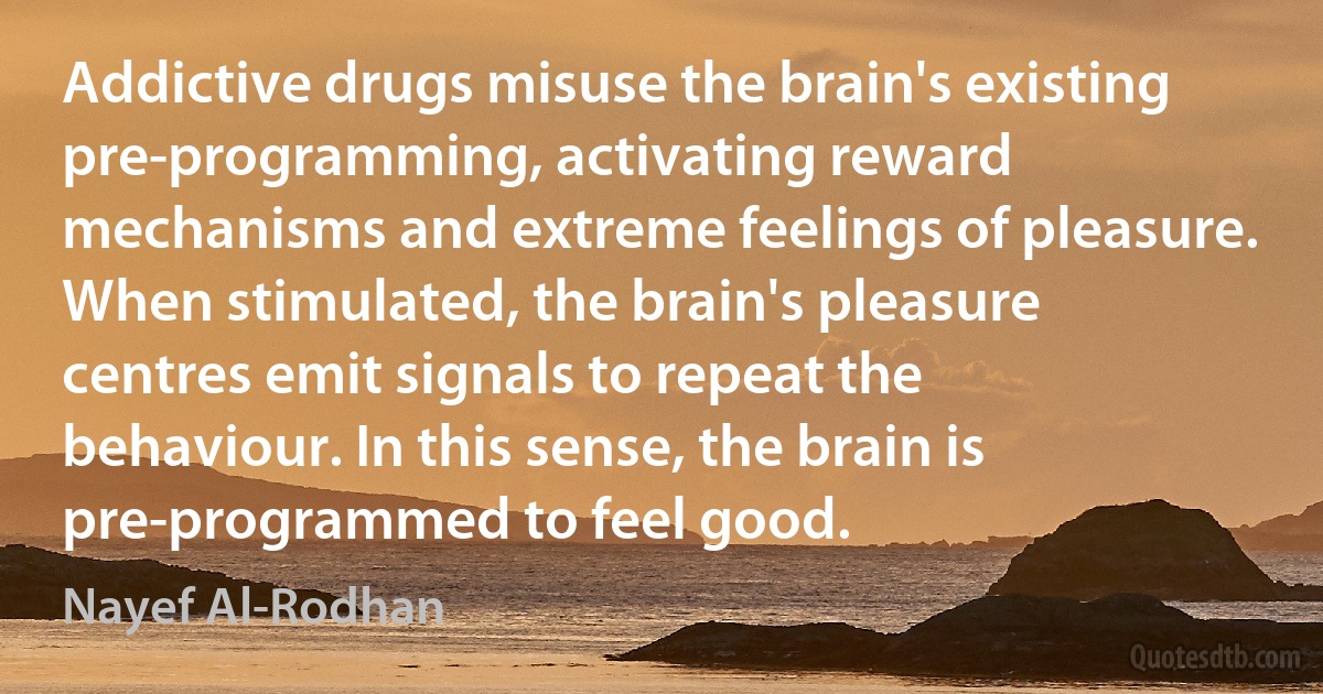 Addictive drugs misuse the brain's existing pre-programming, activating reward mechanisms and extreme feelings of pleasure. When stimulated, the brain's pleasure centres emit signals to repeat the behaviour. In this sense, the brain is pre-programmed to feel good. (Nayef Al-Rodhan)