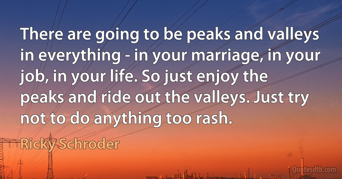 There are going to be peaks and valleys in everything - in your marriage, in your job, in your life. So just enjoy the peaks and ride out the valleys. Just try not to do anything too rash. (Ricky Schroder)