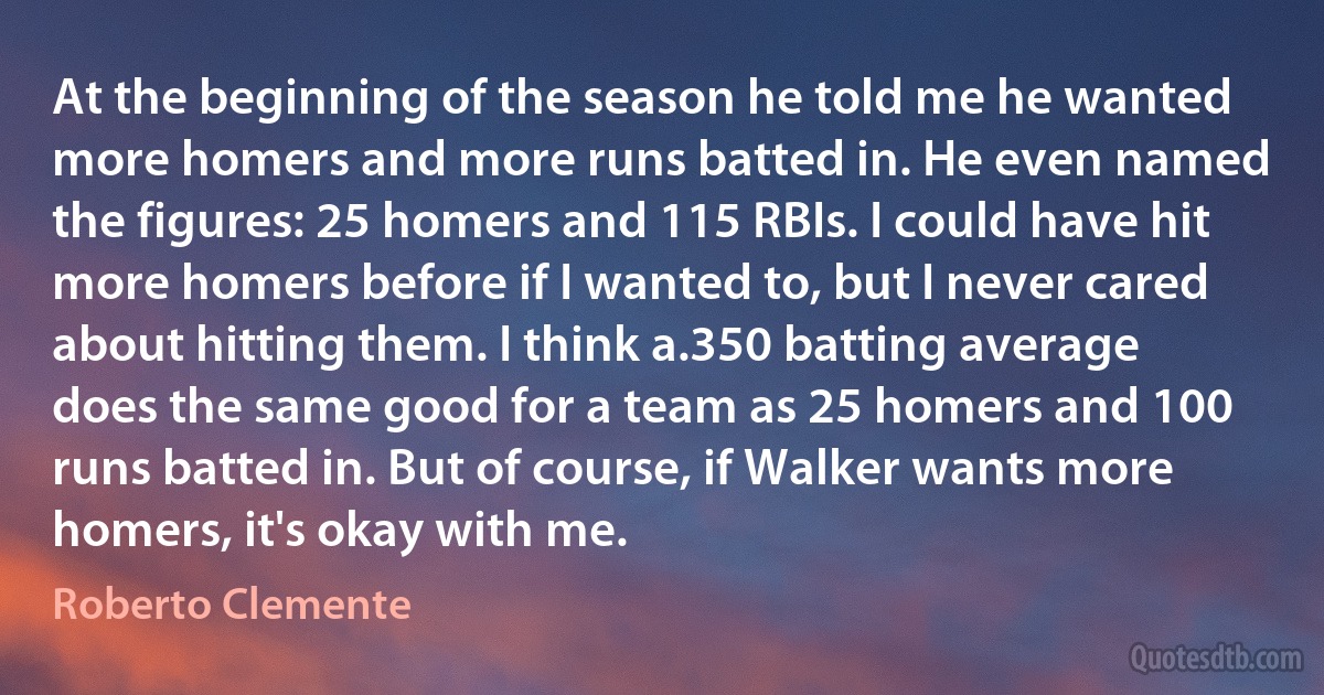 At the beginning of the season he told me he wanted more homers and more runs batted in. He even named the figures: 25 homers and 115 RBIs. I could have hit more homers before if I wanted to, but I never cared about hitting them. I think a.350 batting average does the same good for a team as 25 homers and 100 runs batted in. But of course, if Walker wants more homers, it's okay with me. (Roberto Clemente)