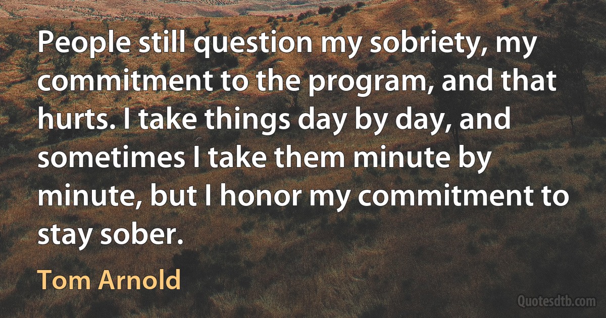 People still question my sobriety, my commitment to the program, and that hurts. I take things day by day, and sometimes I take them minute by minute, but I honor my commitment to stay sober. (Tom Arnold)