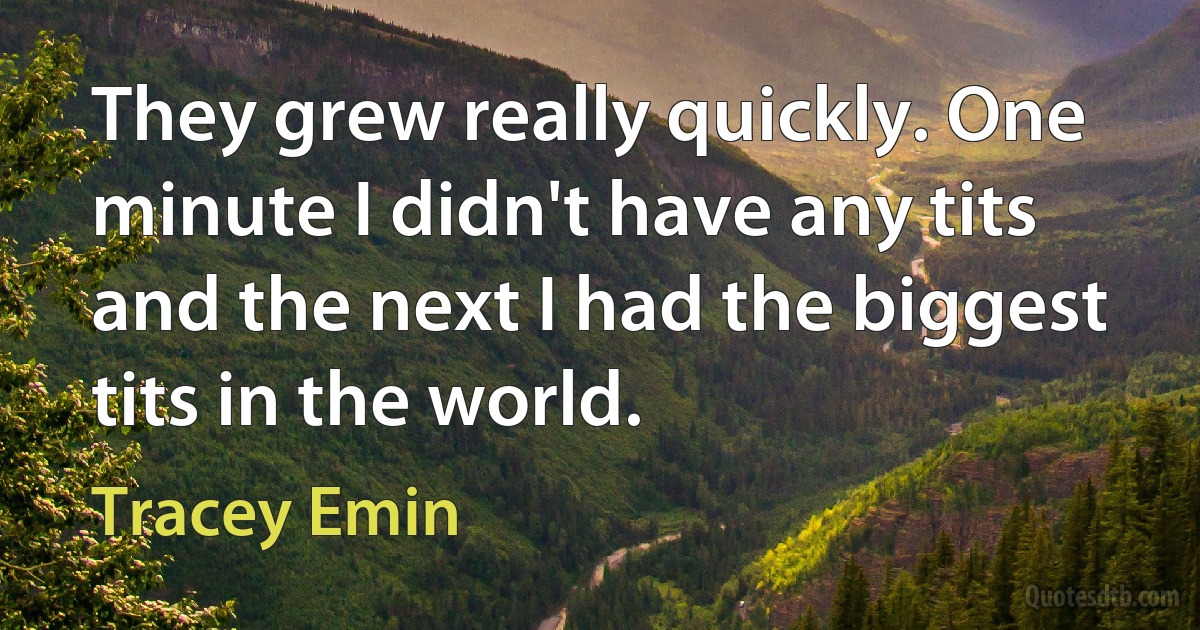 They grew really quickly. One minute I didn't have any tits and the next I had the biggest tits in the world. (Tracey Emin)