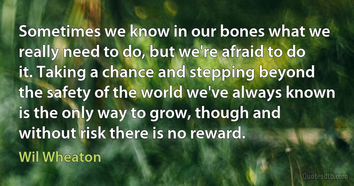 Sometimes we know in our bones what we really need to do, but we're afraid to do it. Taking a chance and stepping beyond the safety of the world we've always known is the only way to grow, though and without risk there is no reward. (Wil Wheaton)