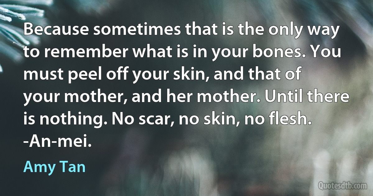 Because sometimes that is the only way to remember what is in your bones. You must peel off your skin, and that of your mother, and her mother. Until there is nothing. No scar, no skin, no flesh.
-An-mei. (Amy Tan)