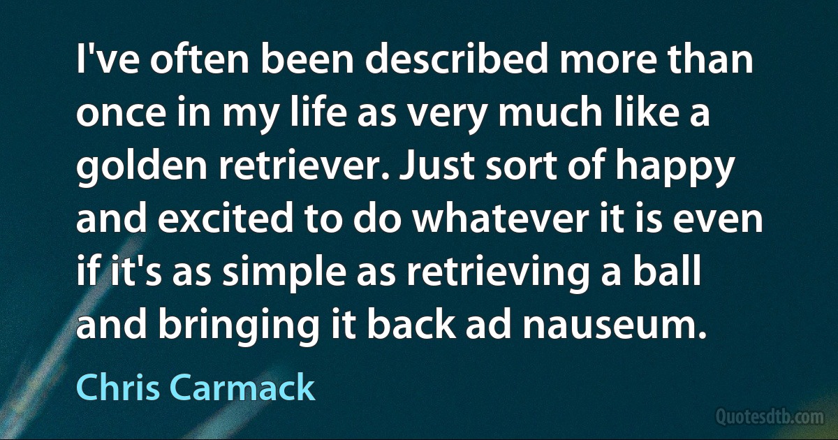 I've often been described more than once in my life as very much like a golden retriever. Just sort of happy and excited to do whatever it is even if it's as simple as retrieving a ball and bringing it back ad nauseum. (Chris Carmack)