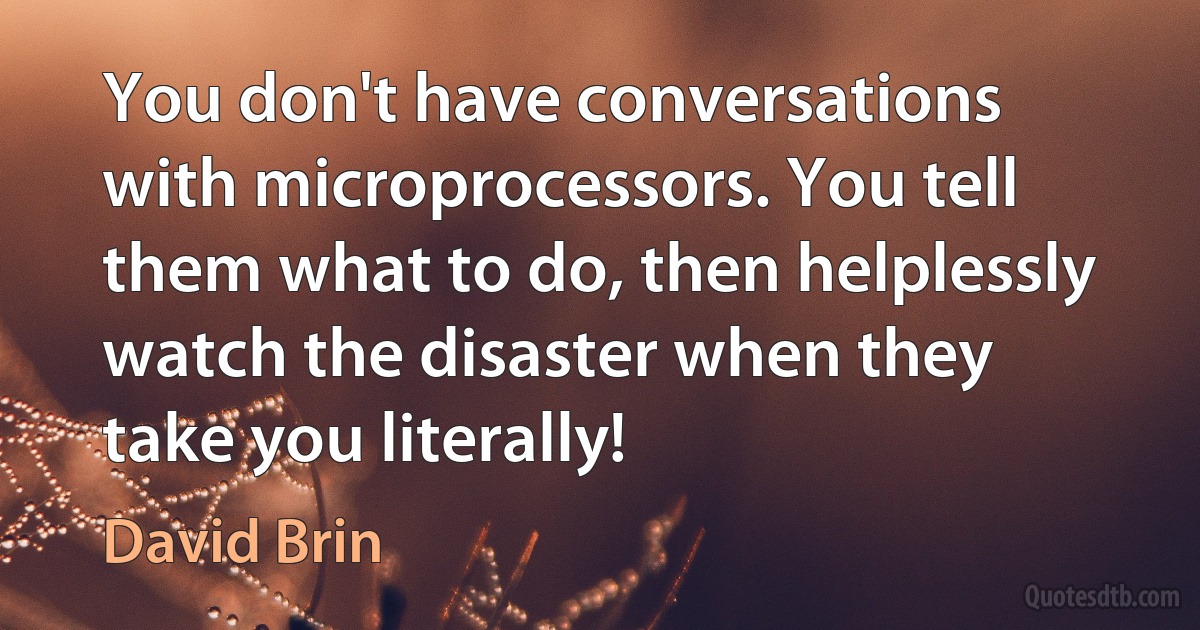 You don't have conversations with microprocessors. You tell them what to do, then helplessly watch the disaster when they take you literally! (David Brin)