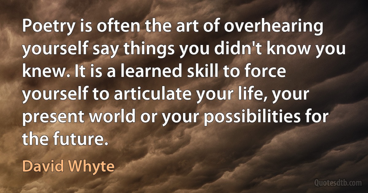 Poetry is often the art of overhearing yourself say things you didn't know you knew. It is a learned skill to force yourself to articulate your life, your present world or your possibilities for the future. (David Whyte)