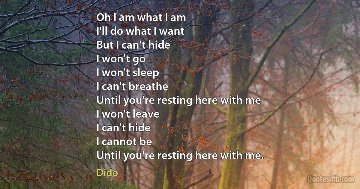 Oh I am what I am
I'll do what I want
But I can't hide
I won't go
I won't sleep
I can't breathe
Until you're resting here with me
I won't leave
I can't hide
I cannot be
Until you're resting here with me. (Dido)