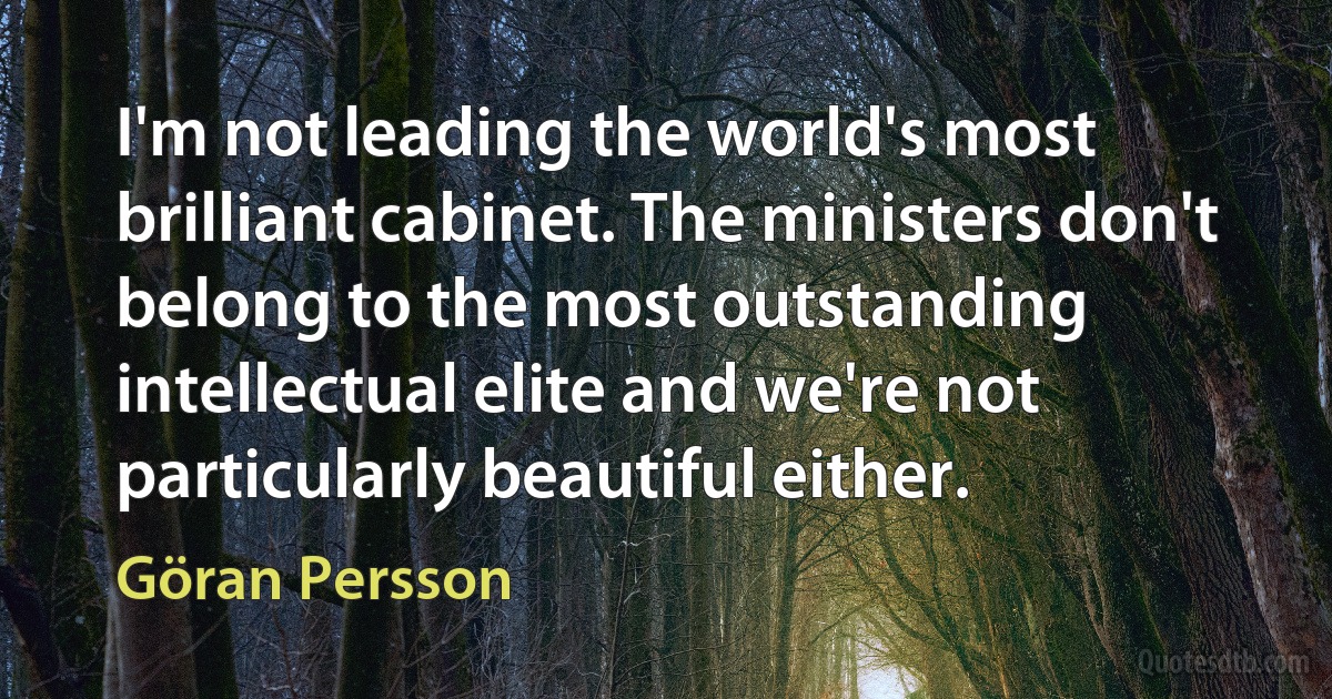 I'm not leading the world's most brilliant cabinet. The ministers don't belong to the most outstanding intellectual elite and we're not particularly beautiful either. (Göran Persson)