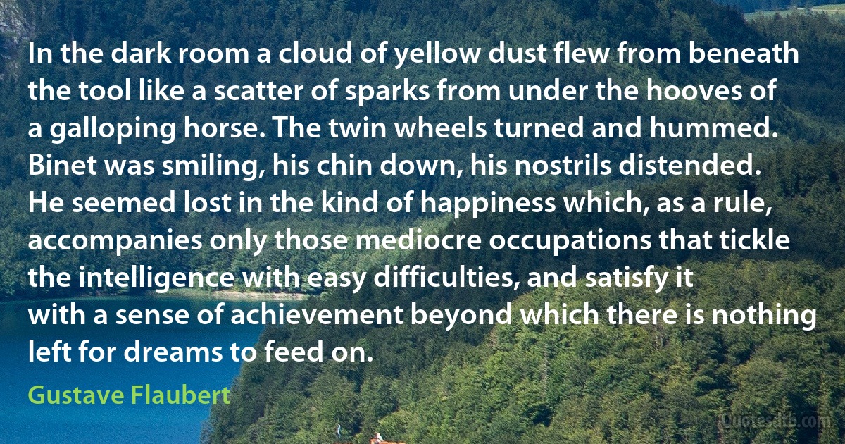 In the dark room a cloud of yellow dust flew from beneath the tool like a scatter of sparks from under the hooves of a galloping horse. The twin wheels turned and hummed. Binet was smiling, his chin down, his nostrils distended. He seemed lost in the kind of happiness which, as a rule, accompanies only those mediocre occupations that tickle the intelligence with easy difficulties, and satisfy it with a sense of achievement beyond which there is nothing left for dreams to feed on. (Gustave Flaubert)