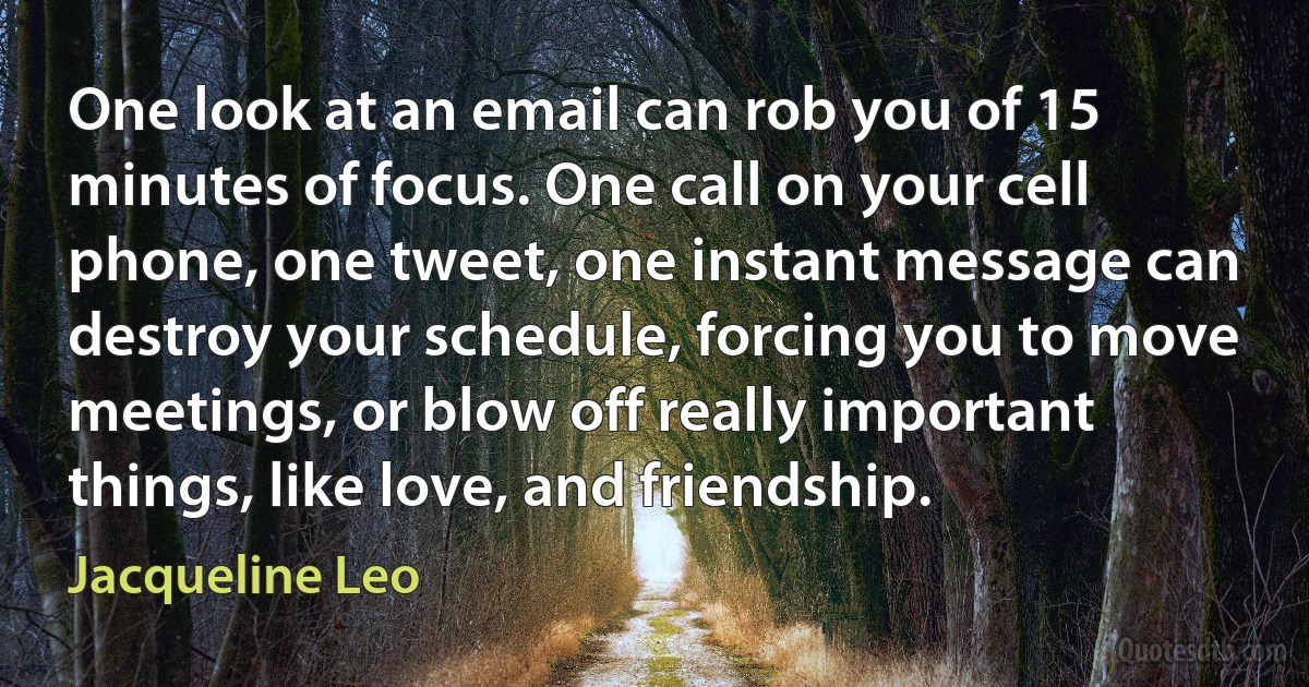 One look at an email can rob you of 15 minutes of focus. One call on your cell phone, one tweet, one instant message can destroy your schedule, forcing you to move meetings, or blow off really important things, like love, and friendship. (Jacqueline Leo)