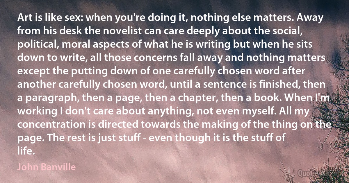 Art is like sex: when you're doing it, nothing else matters. Away from his desk the novelist can care deeply about the social, political, moral aspects of what he is writing but when he sits down to write, all those concerns fall away and nothing matters except the putting down of one carefully chosen word after another carefully chosen word, until a sentence is finished, then a paragraph, then a page, then a chapter, then a book. When I'm working I don't care about anything, not even myself. All my concentration is directed towards the making of the thing on the page. The rest is just stuff - even though it is the stuff of life. (John Banville)