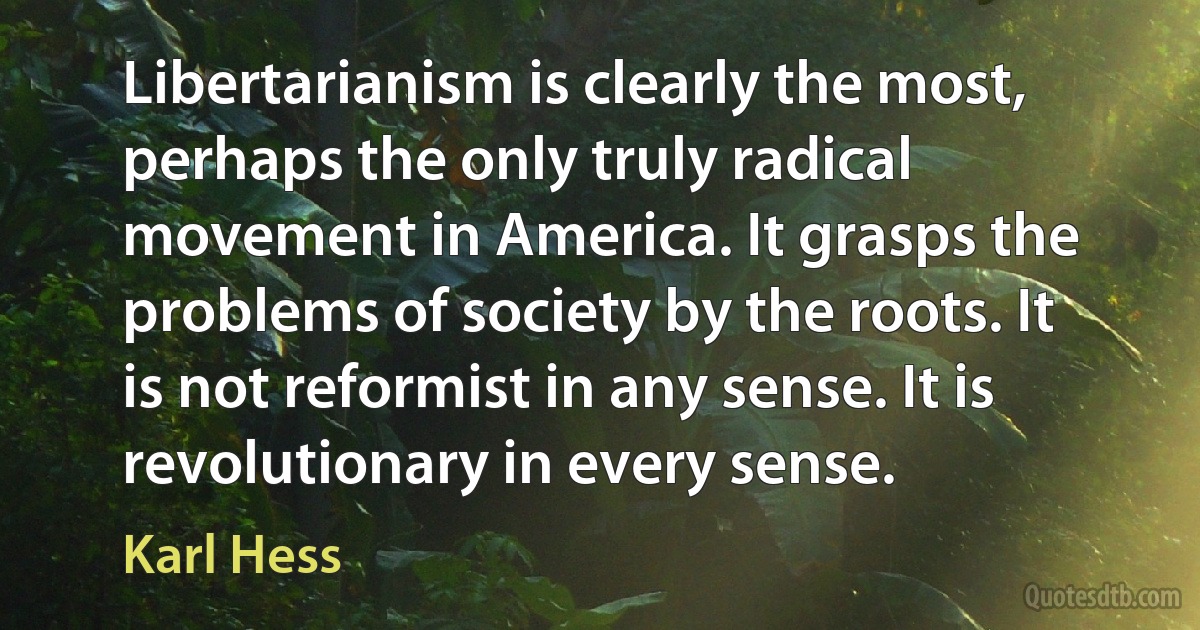 Libertarianism is clearly the most, perhaps the only truly radical movement in America. It grasps the problems of society by the roots. It is not reformist in any sense. It is revolutionary in every sense. (Karl Hess)