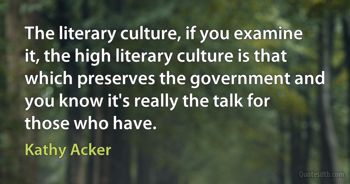 The literary culture, if you examine it, the high literary culture is that which preserves the government and you know it's really the talk for those who have. (Kathy Acker)