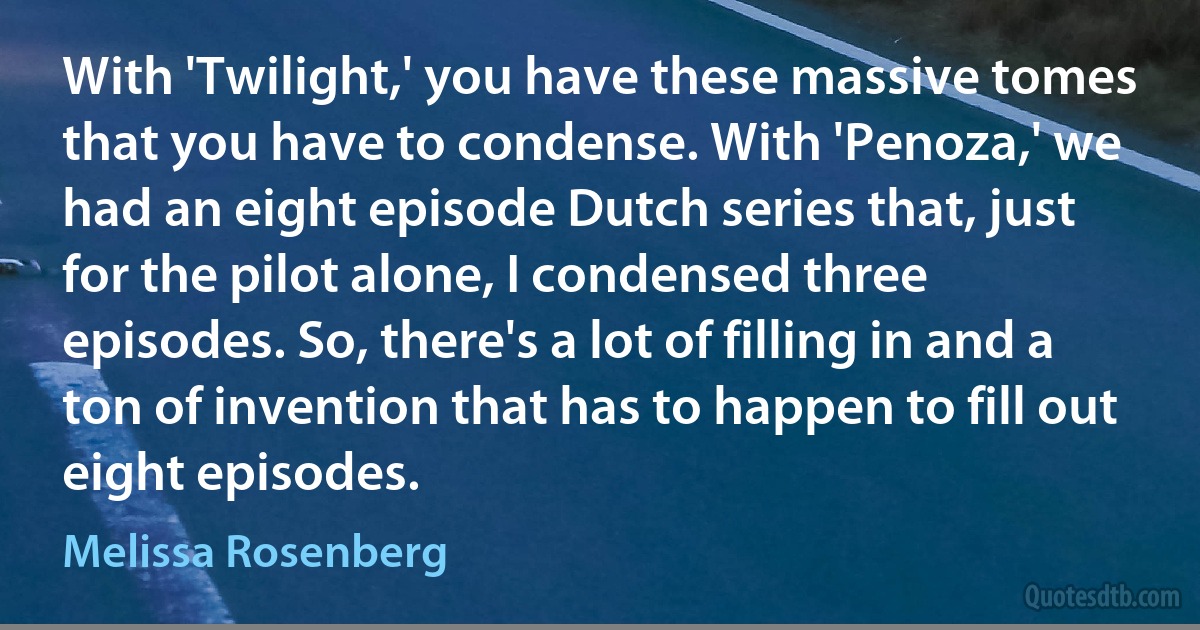 With 'Twilight,' you have these massive tomes that you have to condense. With 'Penoza,' we had an eight episode Dutch series that, just for the pilot alone, I condensed three episodes. So, there's a lot of filling in and a ton of invention that has to happen to fill out eight episodes. (Melissa Rosenberg)