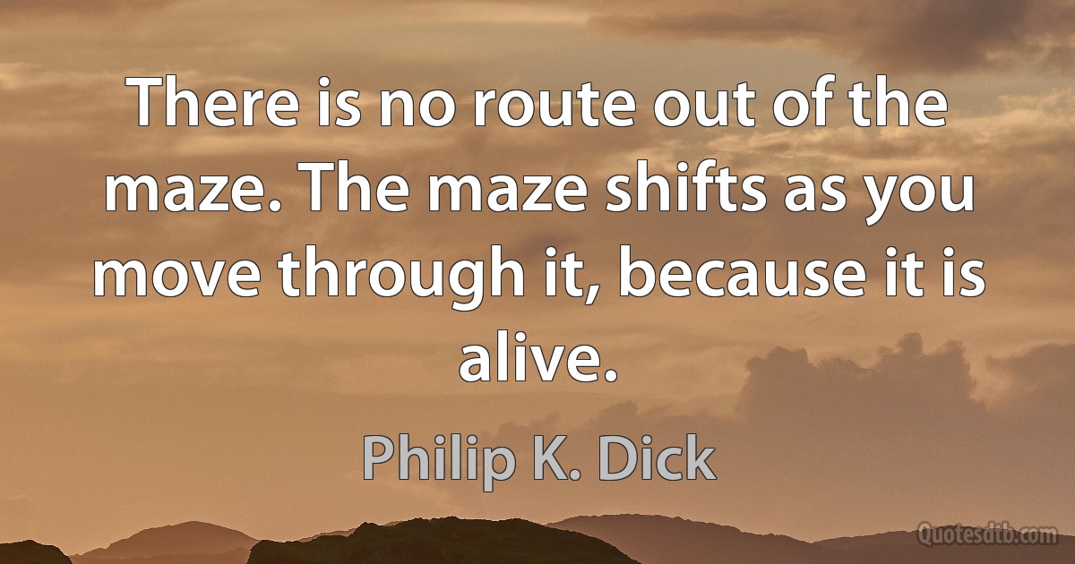 There is no route out of the maze. The maze shifts as you move through it, because it is alive. (Philip K. Dick)