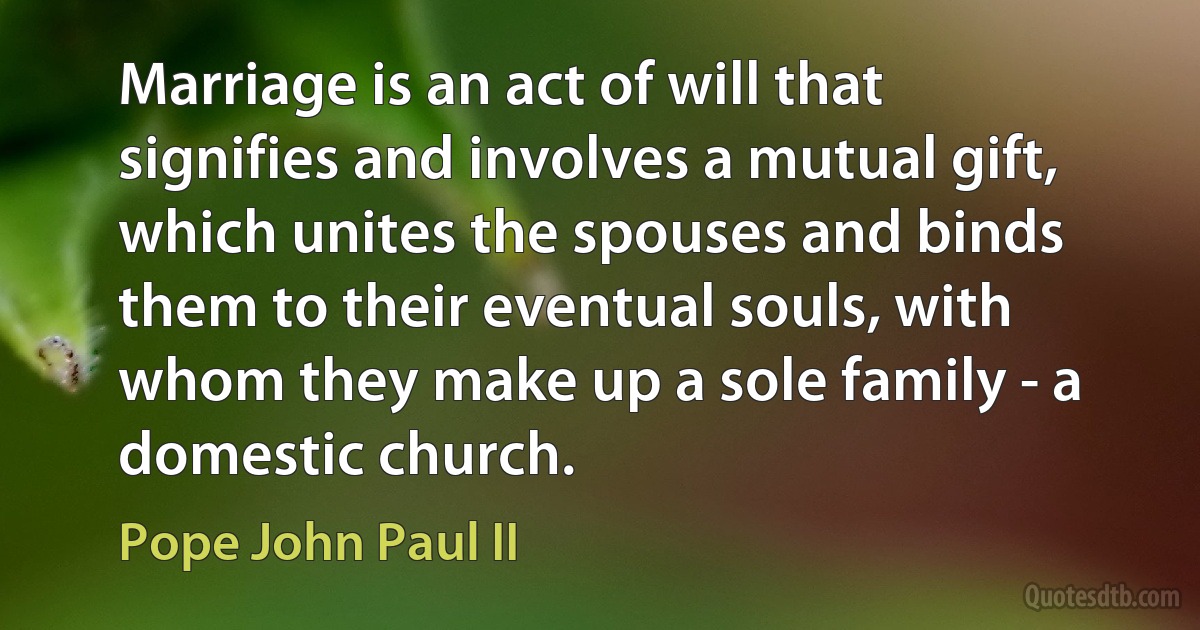 Marriage is an act of will that signifies and involves a mutual gift, which unites the spouses and binds them to their eventual souls, with whom they make up a sole family - a domestic church. (Pope John Paul II)