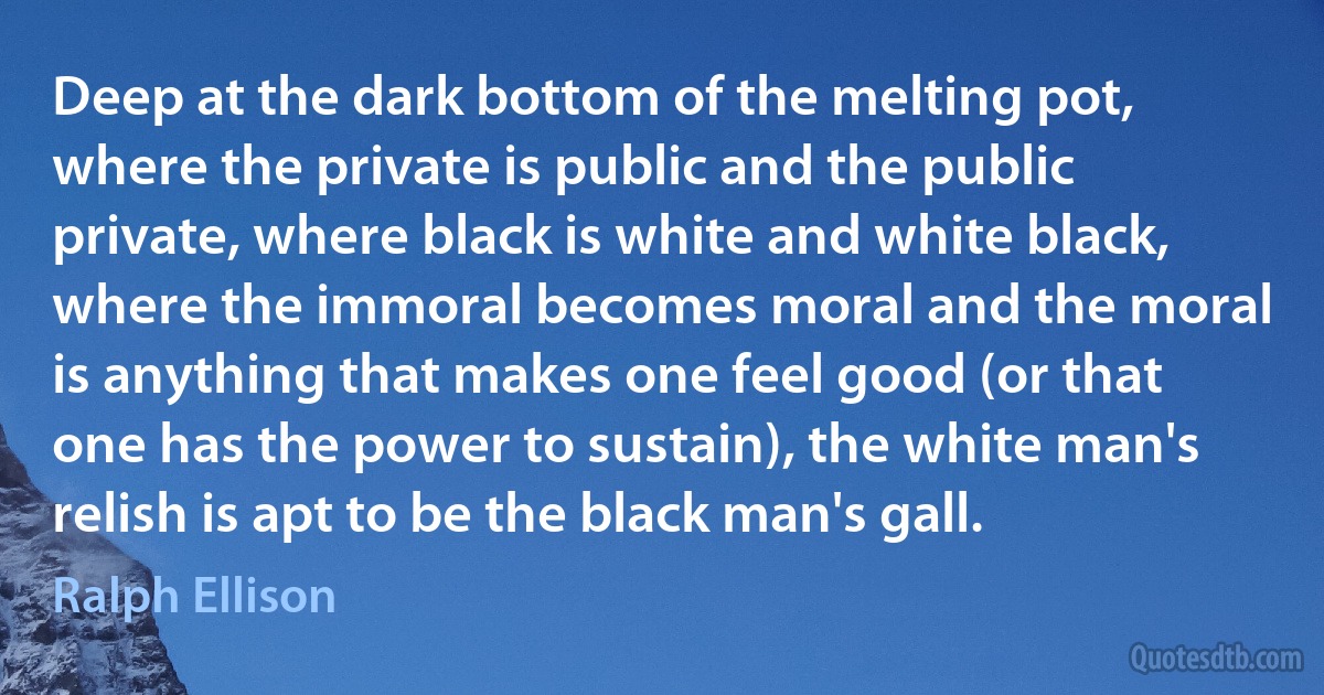 Deep at the dark bottom of the melting pot, where the private is public and the public private, where black is white and white black, where the immoral becomes moral and the moral is anything that makes one feel good (or that one has the power to sustain), the white man's relish is apt to be the black man's gall. (Ralph Ellison)