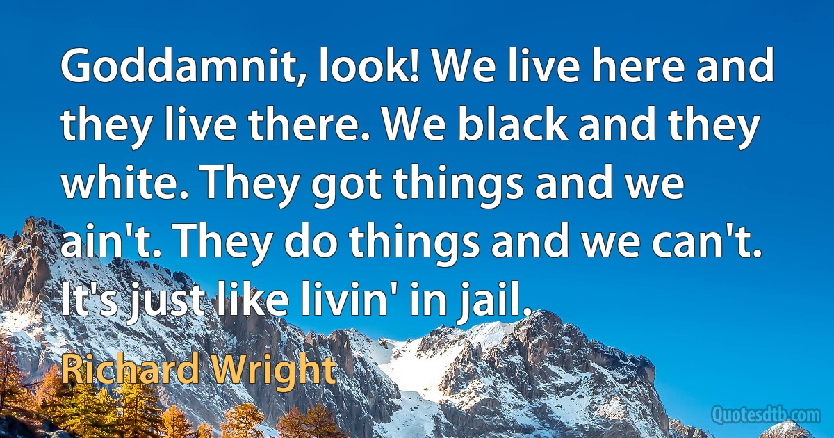 Goddamnit, look! We live here and they live there. We black and they white. They got things and we ain't. They do things and we can't. It's just like livin' in jail. (Richard Wright)