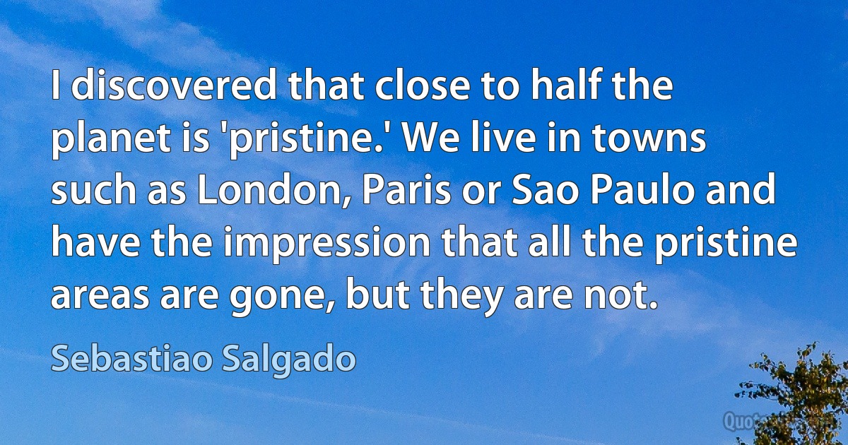 I discovered that close to half the planet is 'pristine.' We live in towns such as London, Paris or Sao Paulo and have the impression that all the pristine areas are gone, but they are not. (Sebastiao Salgado)