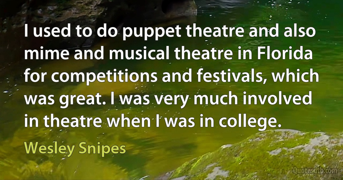 I used to do puppet theatre and also mime and musical theatre in Florida for competitions and festivals, which was great. I was very much involved in theatre when I was in college. (Wesley Snipes)