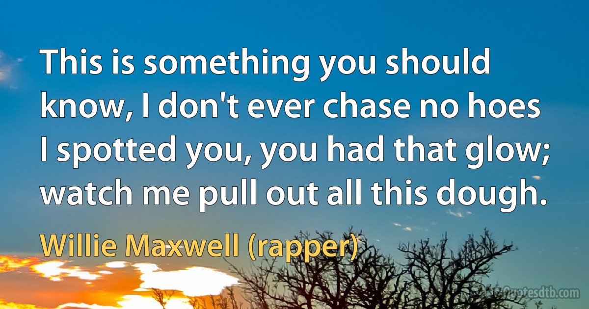 This is something you should know, I don't ever chase no hoes
I spotted you, you had that glow; watch me pull out all this dough. (Willie Maxwell (rapper))