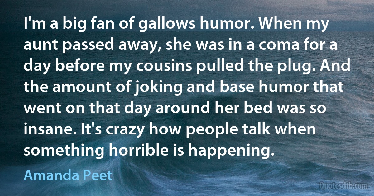 I'm a big fan of gallows humor. When my aunt passed away, she was in a coma for a day before my cousins pulled the plug. And the amount of joking and base humor that went on that day around her bed was so insane. It's crazy how people talk when something horrible is happening. (Amanda Peet)