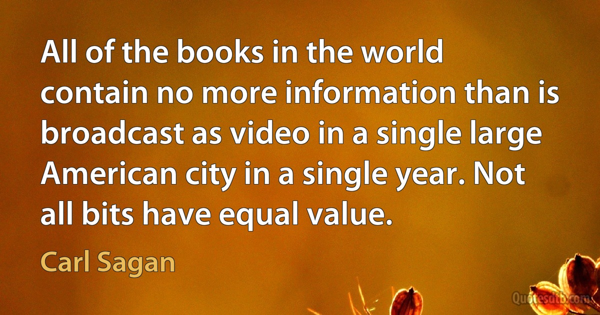 All of the books in the world contain no more information than is broadcast as video in a single large American city in a single year. Not all bits have equal value. (Carl Sagan)