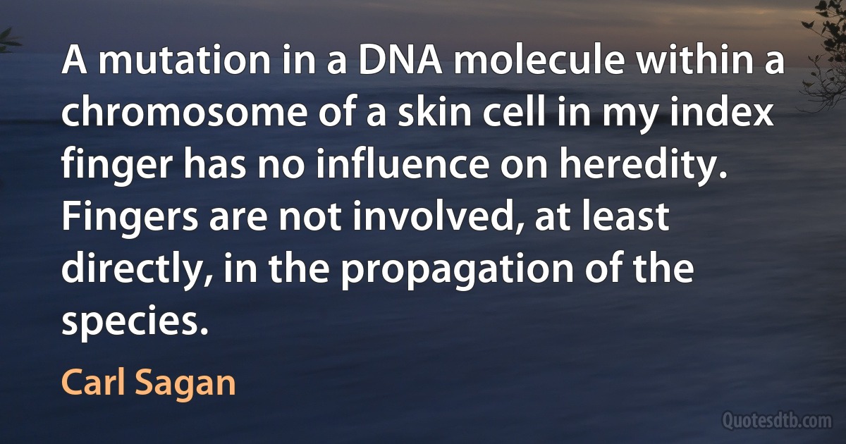 A mutation in a DNA molecule within a chromosome of a skin cell in my index finger has no influence on heredity. Fingers are not involved, at least directly, in the propagation of the species. (Carl Sagan)