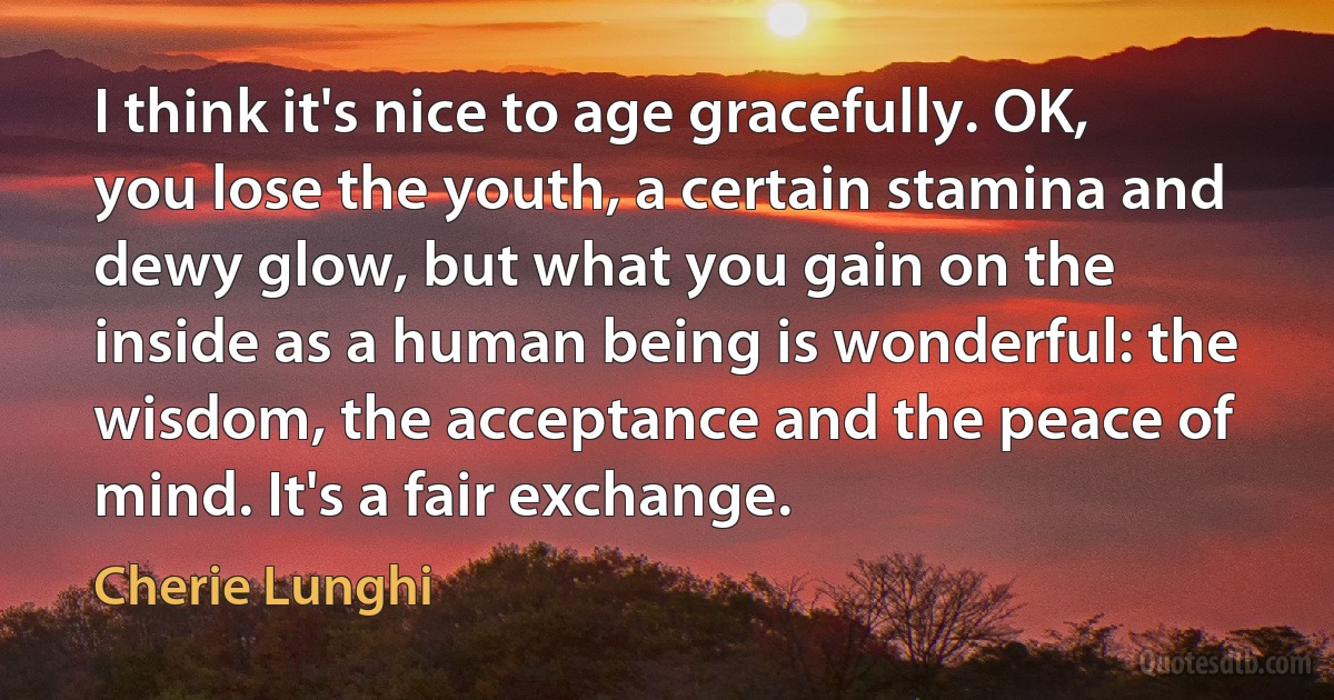 I think it's nice to age gracefully. OK, you lose the youth, a certain stamina and dewy glow, but what you gain on the inside as a human being is wonderful: the wisdom, the acceptance and the peace of mind. It's a fair exchange. (Cherie Lunghi)