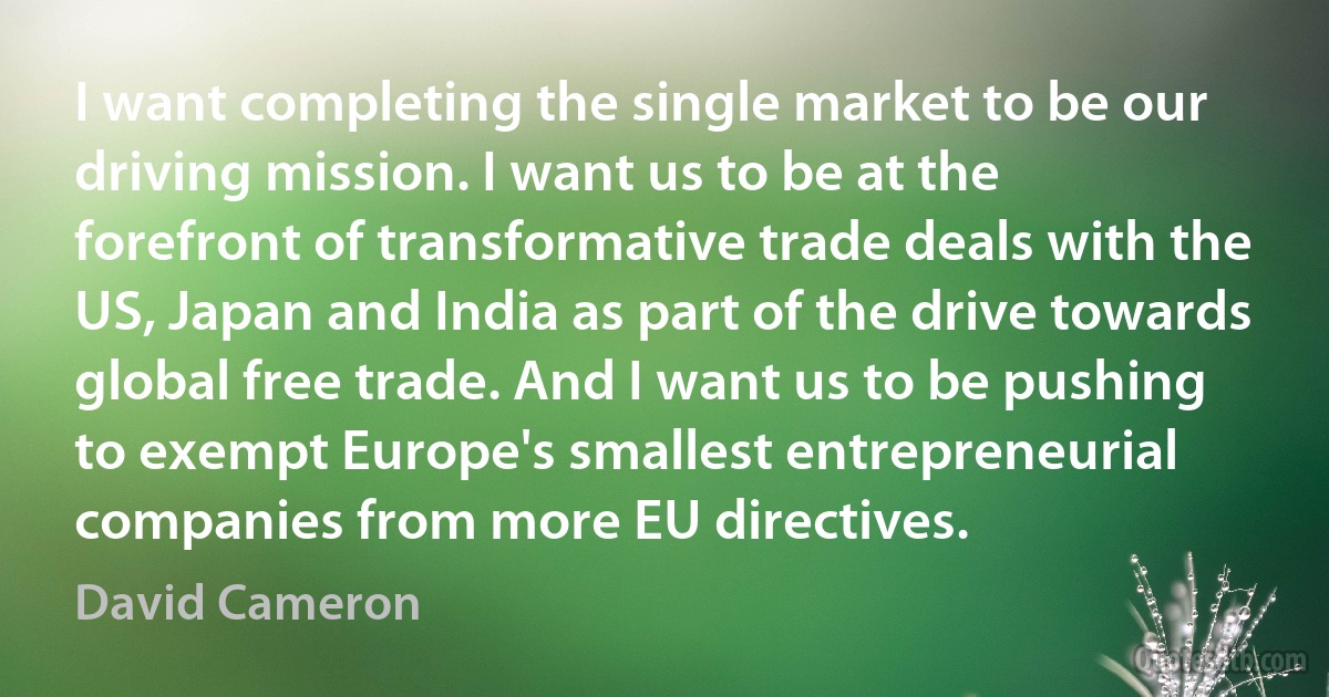 I want completing the single market to be our driving mission. I want us to be at the forefront of transformative trade deals with the US, Japan and India as part of the drive towards global free trade. And I want us to be pushing to exempt Europe's smallest entrepreneurial companies from more EU directives. (David Cameron)