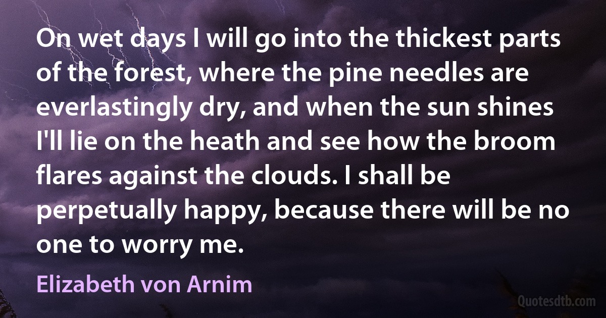 On wet days I will go into the thickest parts of the forest, where the pine needles are everlastingly dry, and when the sun shines I'll lie on the heath and see how the broom flares against the clouds. I shall be perpetually happy, because there will be no one to worry me. (Elizabeth von Arnim)